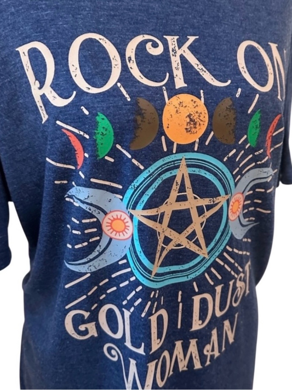 Women’s Navy Graphic Tee “Rock On Gold Dust Woman” EUC XL